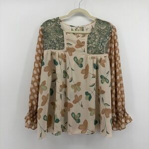 Cato Womens XL Mixed Print Floral Paisley Polka Dot Blouse Smocked Cuff Top Tan